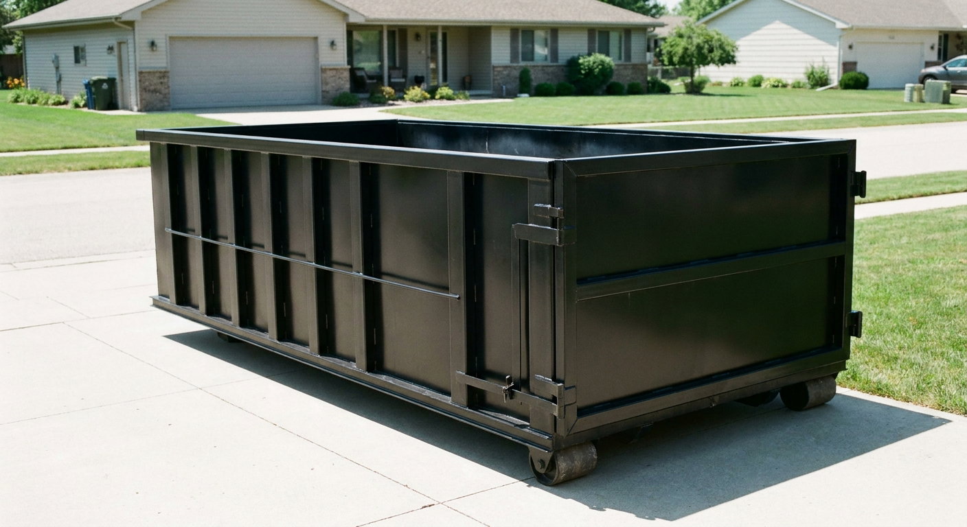 Matte-black 10-yard roll-off dumpster on a residential concrete driveway in Redondo Beach, uniformly painted matte black across every panel and rail, ribbed steel sidewalls and rear swing door visible, mid-day daylight.