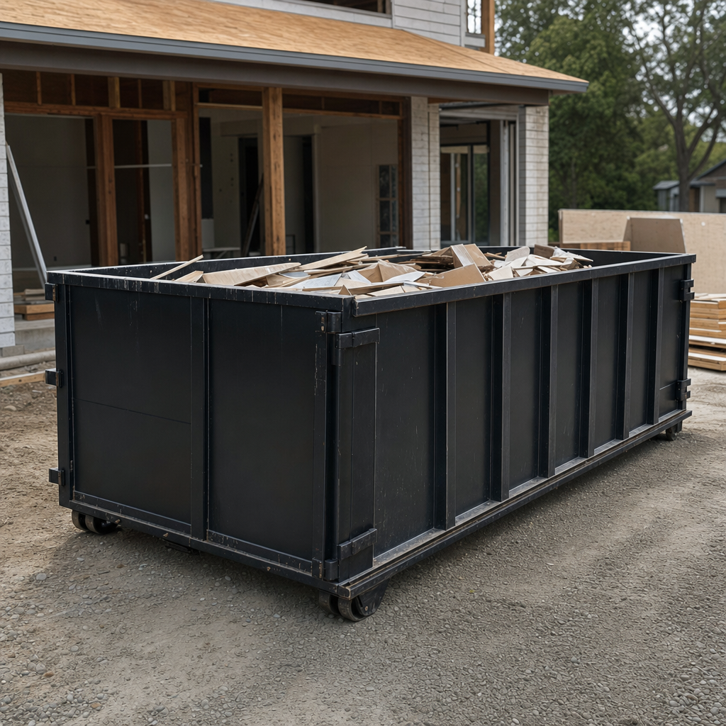 Large matte-black 30-yard construction roll-off dumpster at an active Redondo Beach jobsite, steel-gray top rails and bottom rollers visible, loaded with construction debris.
