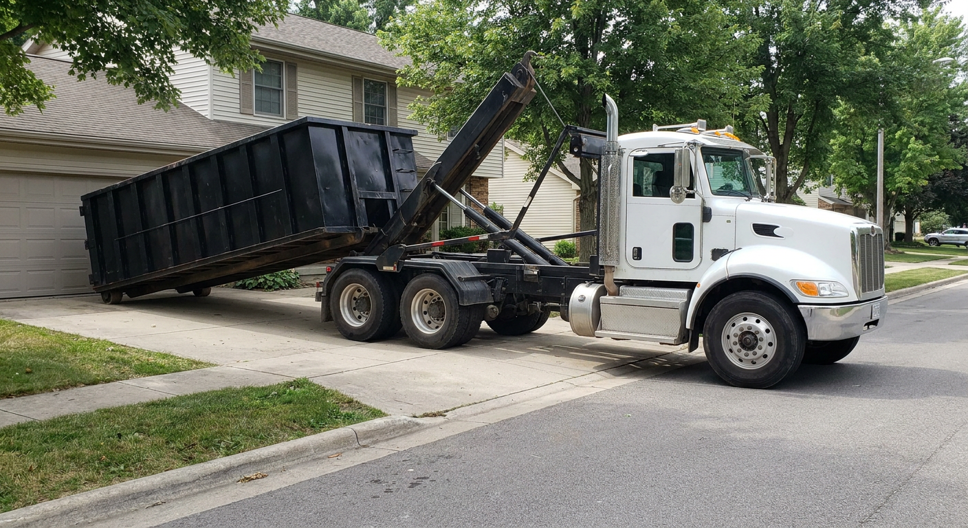 White-cab hooklift roll-off truck actively lowering a matte-black dumpster onto a Redondo Beach residential concrete driveway, the dumpster's rear wheels touching the driveway as the hoist arm tilts the bed forward, mid-morning daylight.
