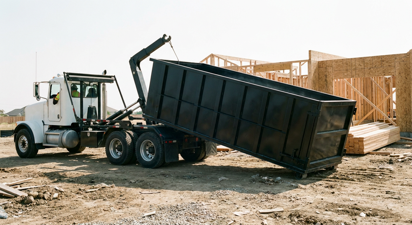 Matte-black roll-off dumpster being delivered onto a clean residential concrete driveway in Redondo Beach by an unmarked white hooklift hauler truck, bright morning daylight, documentary 35mm perspective.